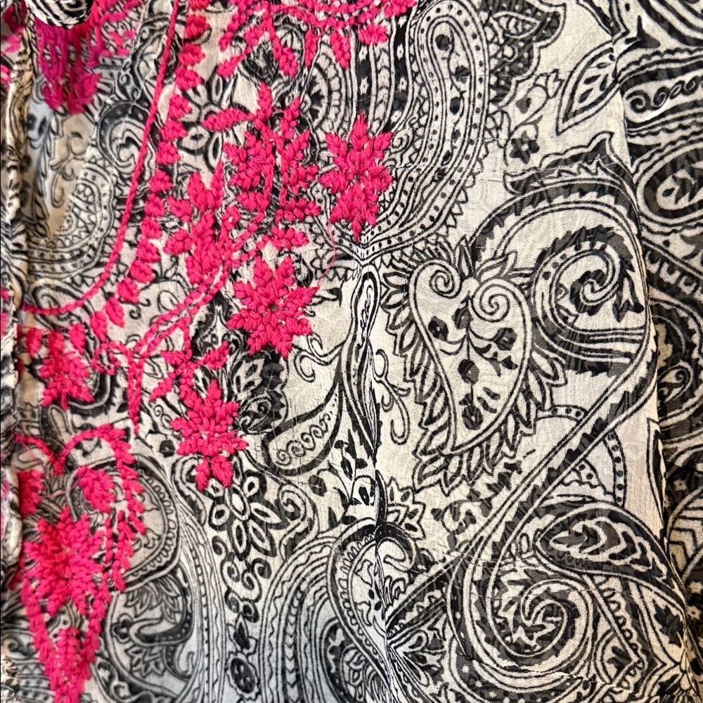 Maxi Length Semi Sheer Embroidered Black & Pink Paisley Tunic Swim Coverup - Picture 4 of 15